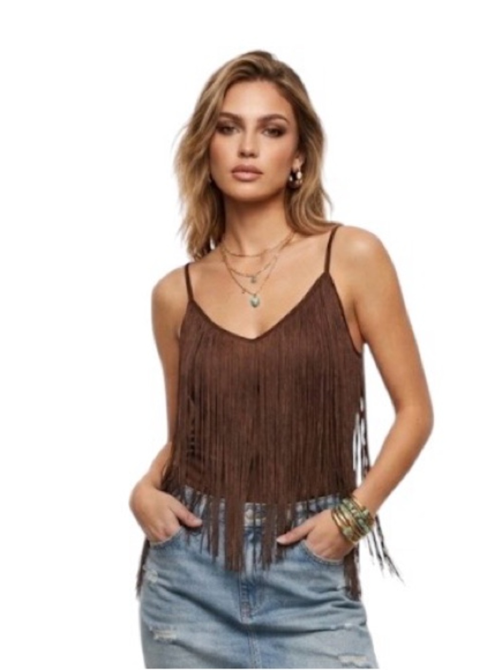 Brown Fringe Spaghetti Adjustable Strap Women's Top Large